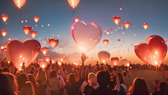 A happy group of people smiling and lifting heart shaped balloons high in the air, Heart balloons getting released into the evening sky during a wedding, AI Generated