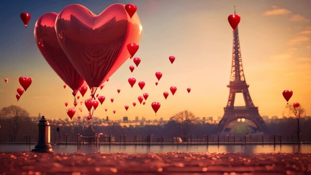 A heart-shaped balloon floats in the air near the iconic Eiffel Tower, Heart balloons floating near the Eiffel tower during Valentine's Day, AI Generated