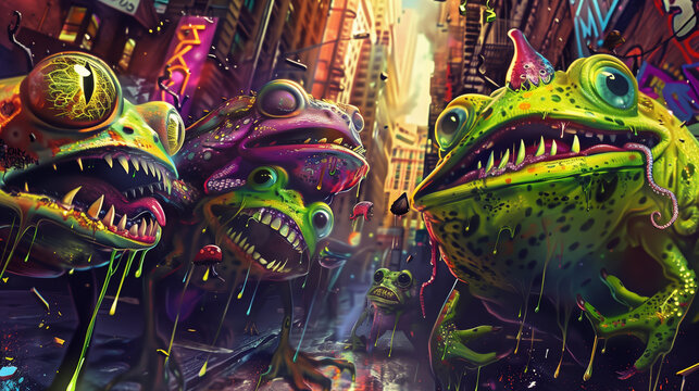 Surreal Chameleon Frogs in Graffiti Alley