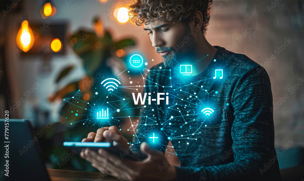 Poster tech user accessing latest wi-fi 7 connectivity, indicating fast internet services and wireless inno