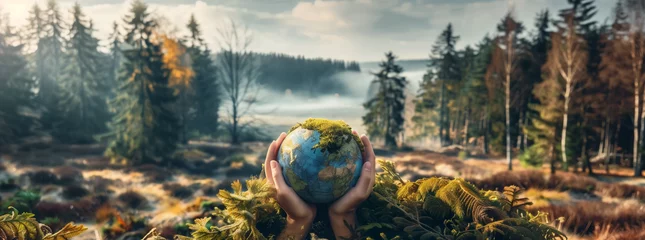 Foto op Plexiglas Hands Holding Earth Amidst Environmental Chaos  © augenperspektive