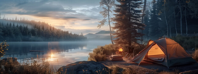 Serene Lakeside Camping Scene at Twilight
