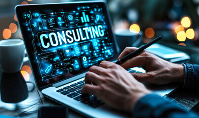 Business consultant analyzing digital icons representing key consulting services, strategy, target setting, team management, data analytics, advisory role in guiding organizations towards success