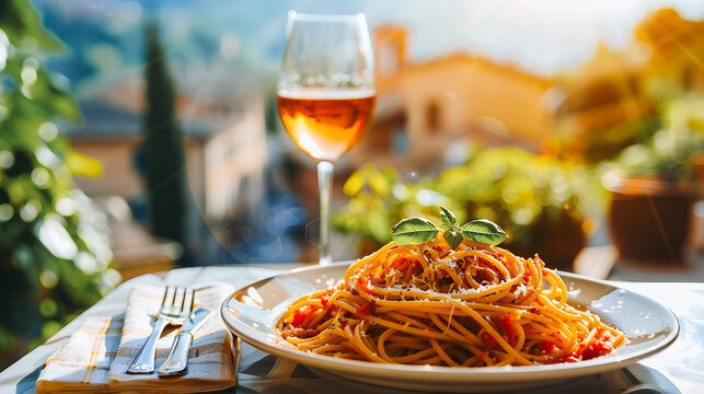 Assiette de spaghettis &ccedil; la tomate et au basilic avec verre de vin et village typique en fond