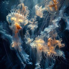 Ethereal jellyfish ballet in detailed cinematic ocean shot with scattering lighting