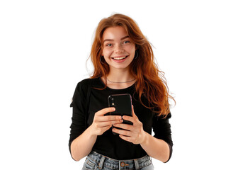 Fototapeta premium Young Woman Holding Phone, Smiling