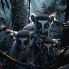 Naklejka premium Enchanting lemur family in moonlit madagascar rainforest photorealistic cinematic shot