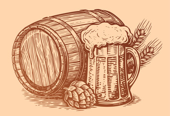 Hand drawn beer mug and wooden barrel. Vintage sketch vector illustration