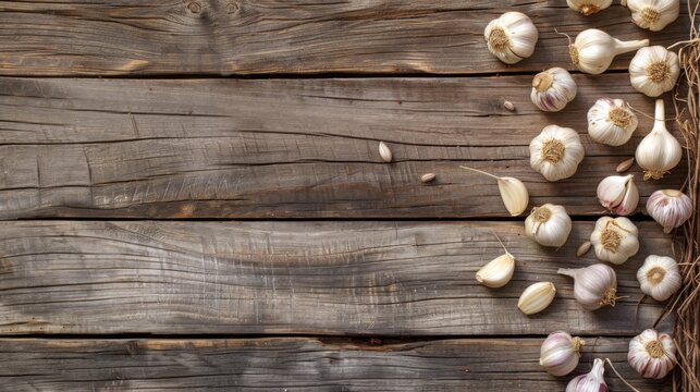 Garlic laying on wooden table cooking recipe banner concept