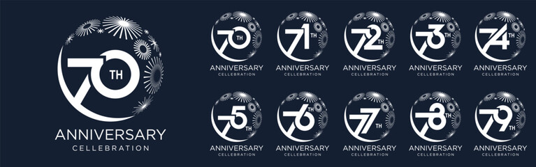 set of 70 to 79th anniversary logotype design, with white color fireworks for celebration event, wedding, and birthday, vector illustration