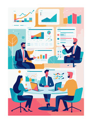 set business flat vector illustration design style concept. for graphic and web page banners, data analytics cartoon character design. team online video conference meeting. business planning, data ana