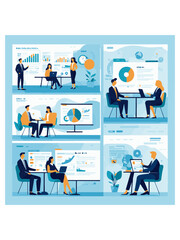 set business flat vector illustration design style concept. for graphic and web page banners, data analytics cartoon character design. team online video conference meeting. business planning, data ana