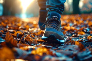 Guy running through the park, close-up of athletic shoes with the inscription Stay Fit