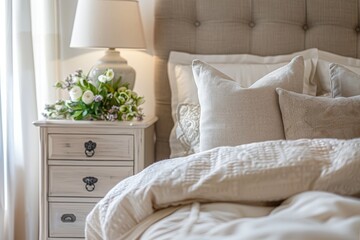 Bedside interior minimalism scandic style. Close up photo.