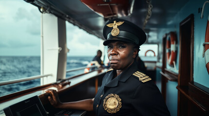 A mature black woman, decisive, authoritative, wise, in the position of captain or ship officer