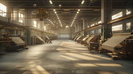 An expansive textile manufacturing facility with weaving looms, spinning machines, and dyeing vats, momentarily quiet but ready to create various fabrics