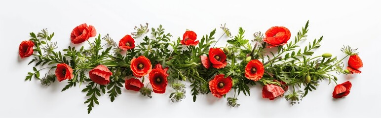 A vibrant arrangement of red poppies and green foliage laid out on a white background