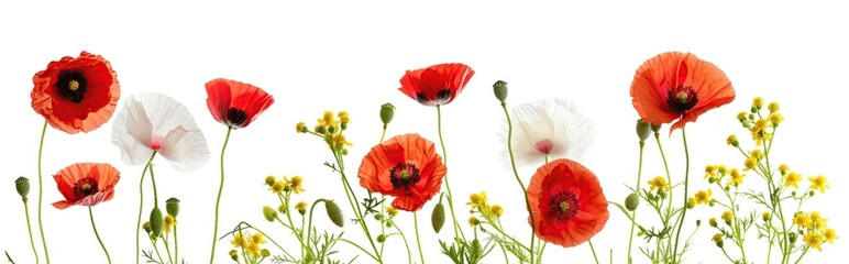 Naklejka premium A row of colorful poppies and wildflowers against a white background