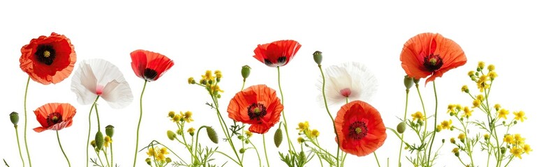 A row of colorful poppies and wildflowers against a white background