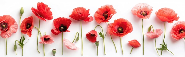 A series of vibrant red poppies arranged artistically on a white background