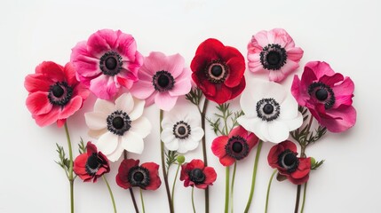 A colorful array of anemone flowers arranged side by side on a white background