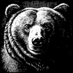 Brown Bear Portret in Engraving Style, White on a Black Background, using a Negative Space, with Copy Space for Text in lower angle. AI generated.