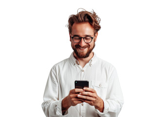 Smiling Man with Phone on Transparent Background