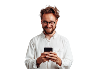 Smiling Man with Phone on Transparent Background