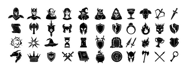 Naklejka premium Game fantasy icon set, vector magic dungeon dragon RPG sign, medieval warrior avatar, fairytale sign. Knight battle sword, armour helmet, power weapon, witch hat, potion cauldron. Fantasy icon kit