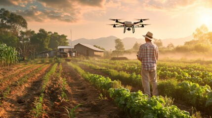 A farmer wearing a straw hat and flannel shirt stands in a farmer's field with a drone flying over it. - obrazy, fototapety, plakaty