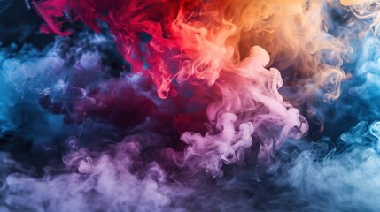 A billowing mass of multi-colored smoke, mostly red and blue, on a black background. The smoke is thick and billows in all directions, creating a dramatic and eye-catching effect. - obrazy, fototapety, plakaty