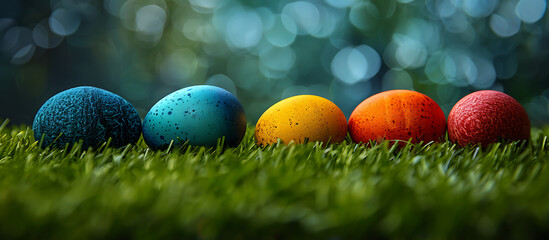 Easter week concept banner, colorful easter eggs on green grass, green wall plaster background