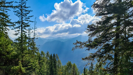 Hiking path in forest with panoramic view of Karawanks mountain range on sunny day in Carinthia, Austria. Remote high alpine landscape in Bodental, Austrian Alps. Outdoor pursuit. Sunlight breaking