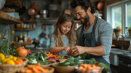 A father and his young daughter enjoy preparing a healthy meal together, surrounded by an abundance of fresh vegetables in a bright, rustic kitchen.