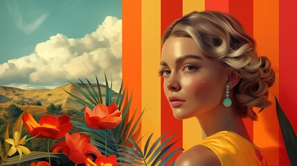 Young woman in yellow attire surrounded by flowers against mountains