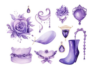 Set collection of purple delicate accessories of a fairy princess watercolor drawing isolated on a white background soft lavender color