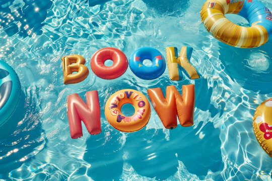 Summer vacation Book now message. Pool floats in a holiday swimming pool