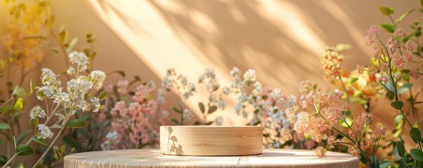 Capture a bright, sunlit scene of delicate spring flowers forming a frame around an eco-friendly product on a wooden pedestal, conveying a message of renewal and natural beauty