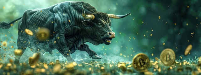 Capture a bull charging across a green, digital landscape on a monitor, symbolizing aggressive market growth, with real coins scattered in the foreground to blend the digital with the tangible