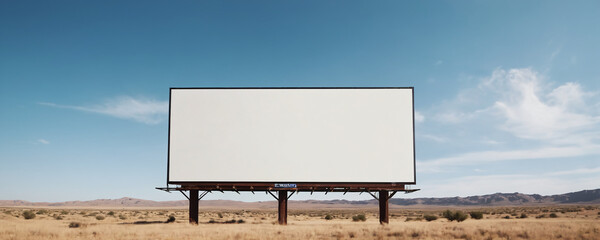 A lone, empty billboard stands tall in the vast desert landscape, surrounded by endless stretches of sand and clear blue sky.