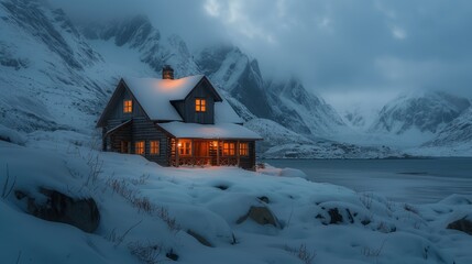 A solitary wooden cabin illuminated from within stands against a dramatic mountain and snow-covered landscape in a serene dusky light