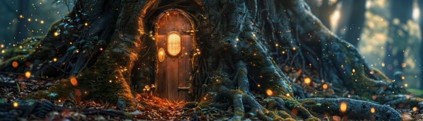 Capture a close-up of a secret door nestled in a tree's roots, with an intricate lock glowing under the enchanting light of fireflies