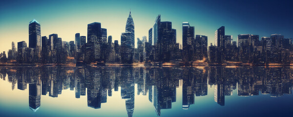 Fototapeta premium A city skyline is reflected in the water below, showcasing the urban landscape mirrored in a clear river or lake. The tall buildings, busy streets, and bright lights create a striking contrast 