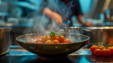 A dynamic environment of a professional kitchen with a steaming bowl over a blue flame