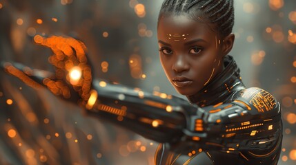 A formidable female character in sci-fi armor wields a glowing weapon in a dynamic fighting pose - obrazy, fototapety, plakaty