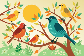birds on branches only sun in the background vector illustration