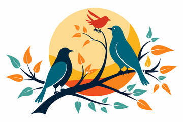 birds on branches only sun in the background vector illustration