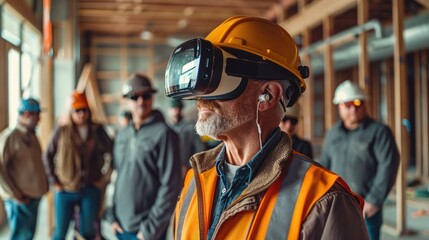 Photograph a construction team's meeting where one member, wearing a VR headset, leads a virtual tour of their project, with the actual construction site sprawling behind them