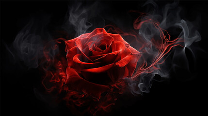 Red rose wrapped in smoke swirl on isolated black background