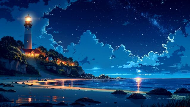 Night beach with lighthouse under the starry sky. seamless looping 4k time-lapse animation video background